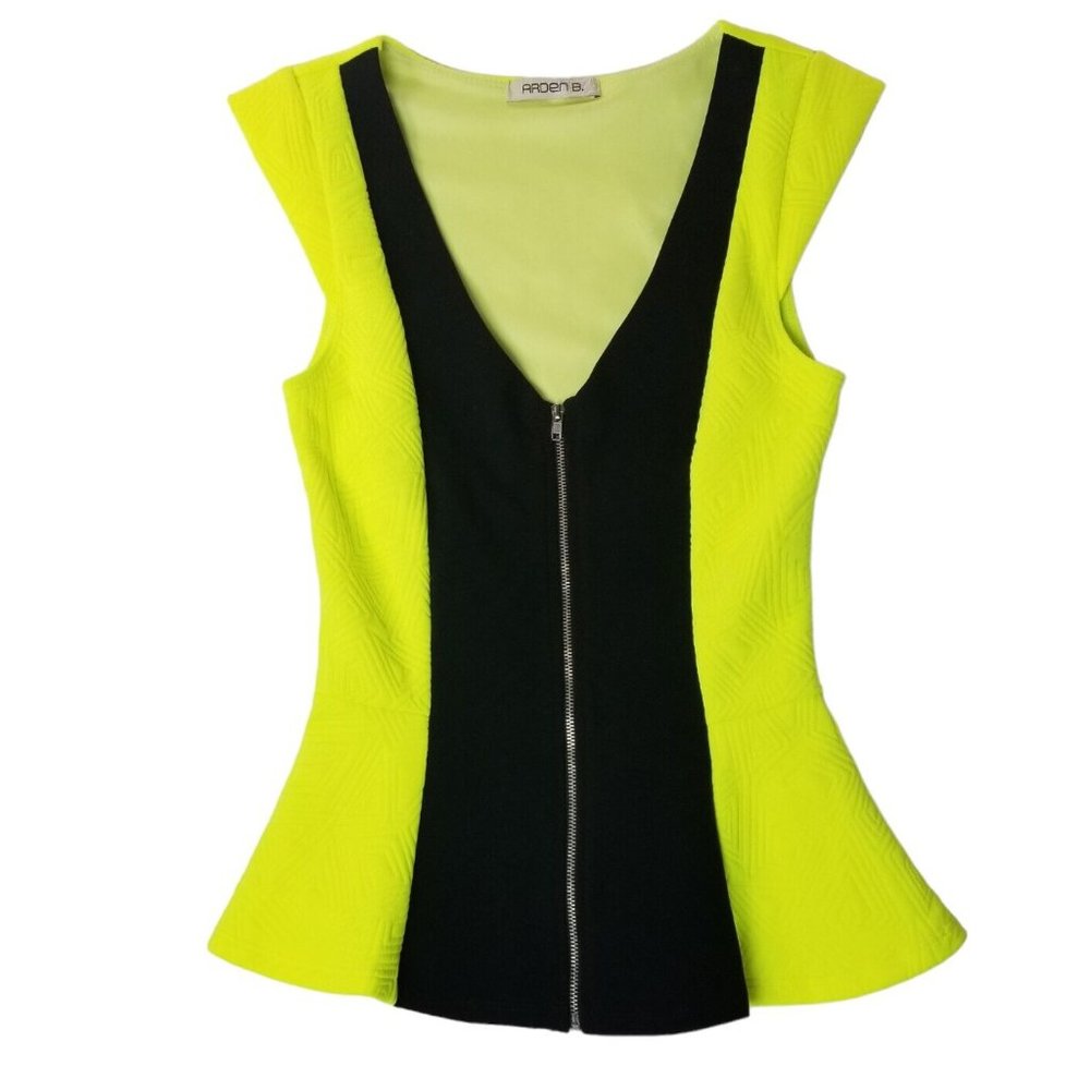 Arden B Top XS Cap Sleeve Zip Front Quilted Safety Yellow Black Polyester Neon
